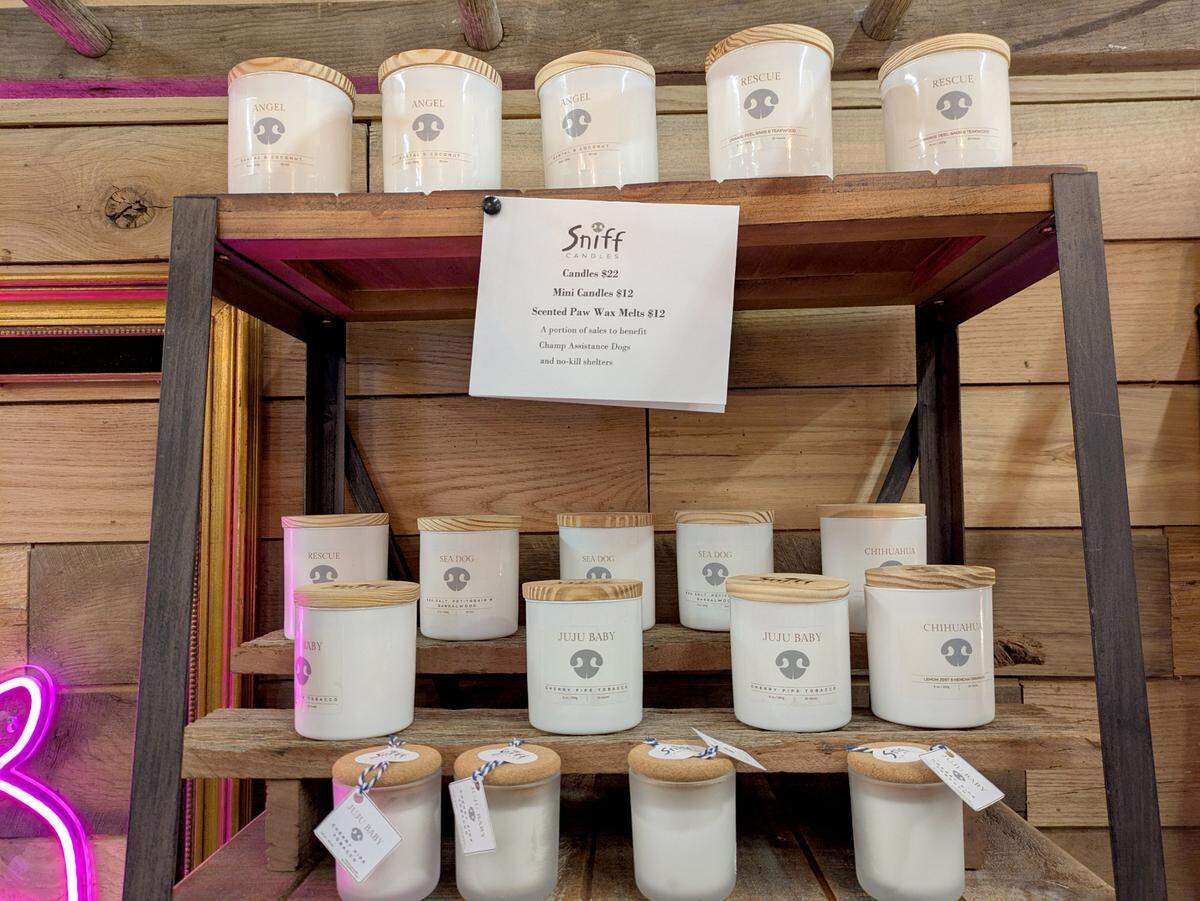 Sales from the Sniff Candles at Blanquart’s Rusty Gem benefit Champ Assistance Dogs and no-kill shelters.