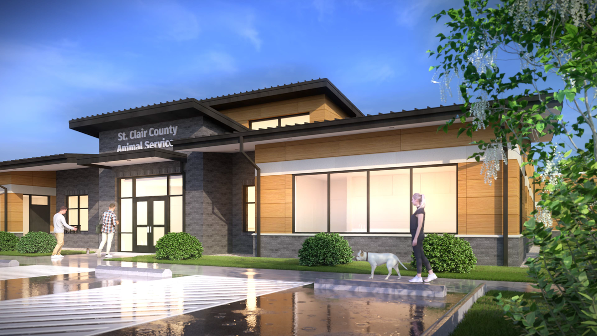 The new St. Clair County Animal Control building will be constructed at 1123 Comwest Parkway in Belleville, about four miles northwest of the existing facility. A Woolpert Architecture LLC rendering shows what it will look like.