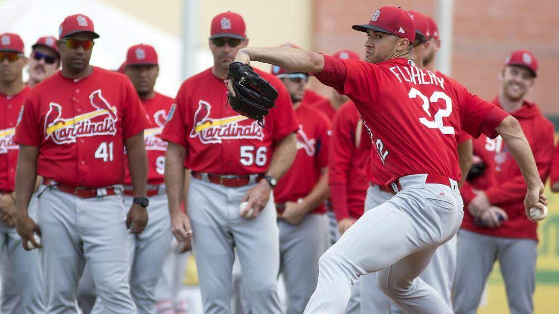 Cardinals rookie Jack Flaherty works out in the bullpen at the team's spring training complex in Jupiter, Florida.