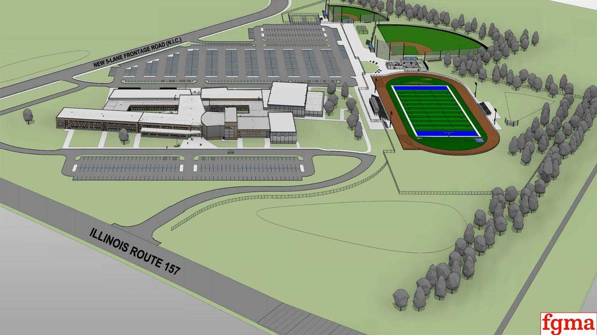 An aerial rendering of the new Cahokia High School campus at 815 Camp Jackson Road/Illinois 157.