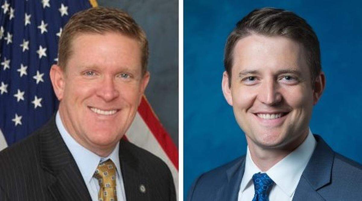 Illinois State Police Director Brendan Kelly, left, and Madison County State’s Attorney Tom Haine are named in a lawsuit that seeks to keep them from enforcing state gun laws.