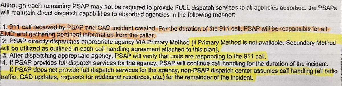 Language in Madison County's 911 consolidation plan suggests local police department dispatchers will assume call handling after the consolidated call center, or Public Safety Answering Point (PSAP), dispatches officers directly.