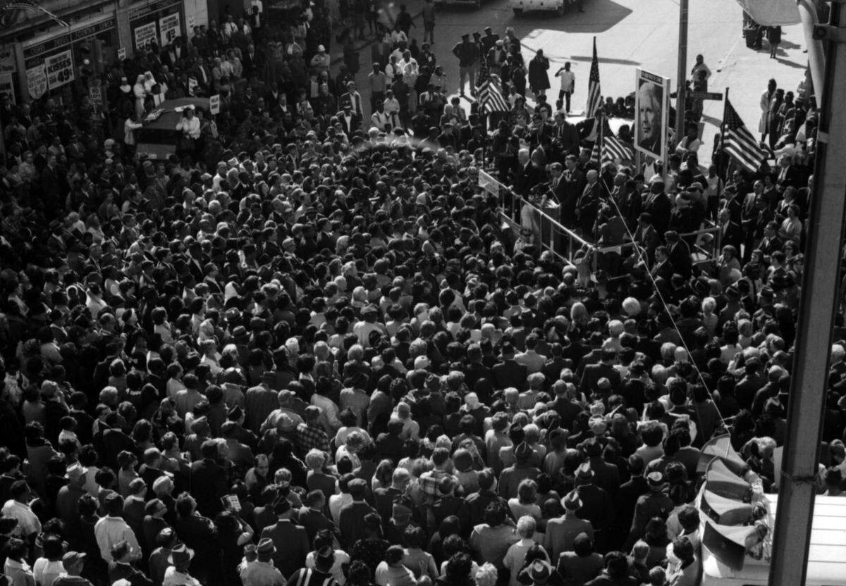 A crowd of an estimated 2,000 people gathered in East St. Louis in October 1966 to hear Robert Kennedy speak.