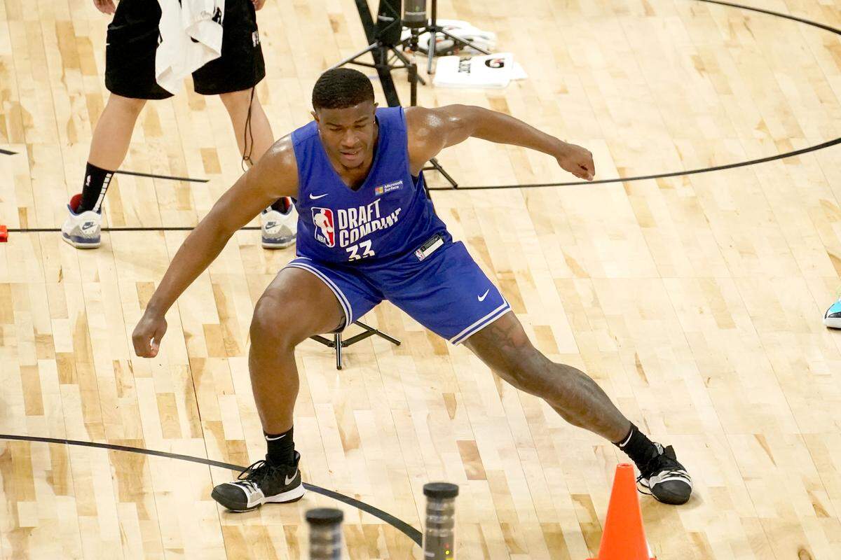 EJ Liddell participates in the 2022 NBA basketball Draft Combine Wednesday, May 18, 2022, in Chicago. (AP Photo/Charles Rex Arbogast)