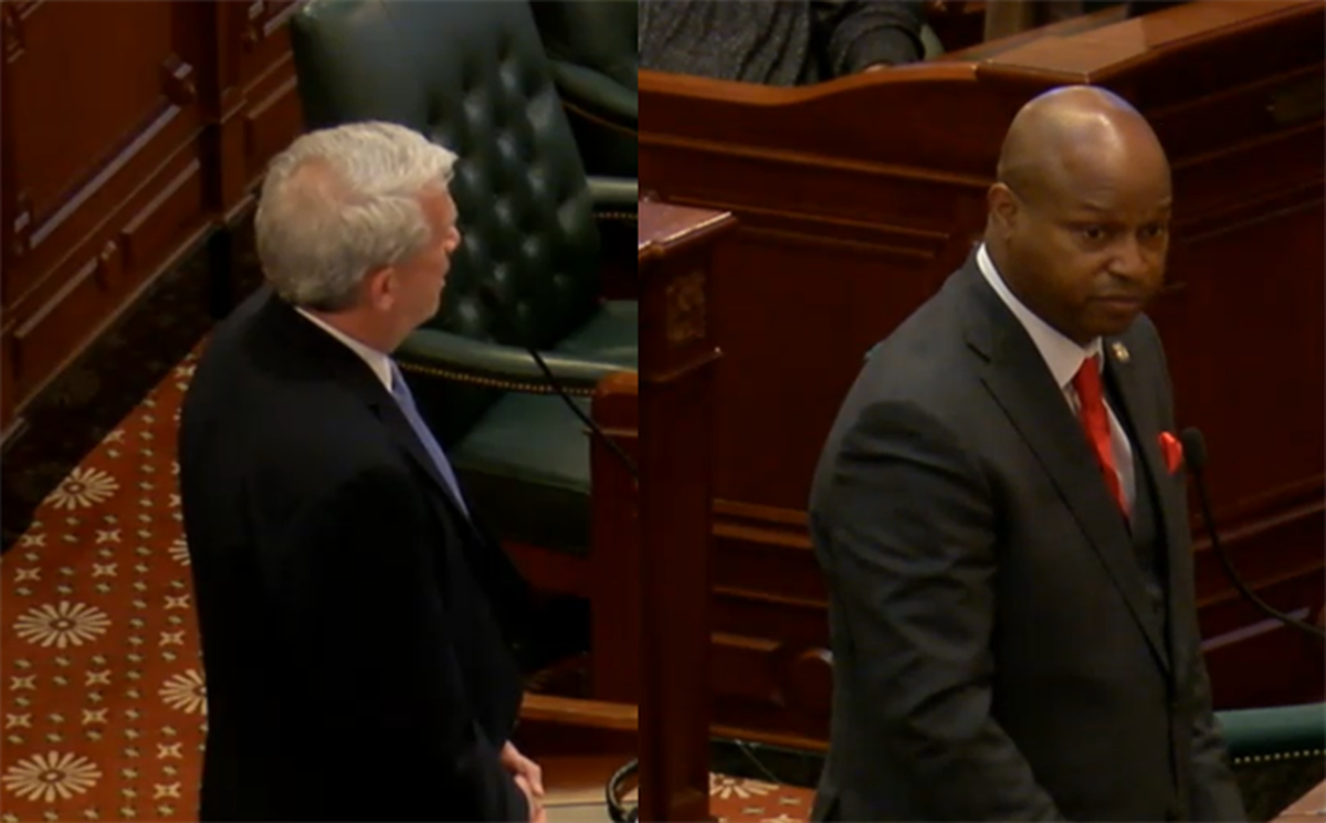 House Minority Leader Jim Durkin, R-Western Springs, left, is pictured on the House floor Tuesday during a speech in which he and Speaker Emanuel “Chris” Welch called for greater civility in House chambers.