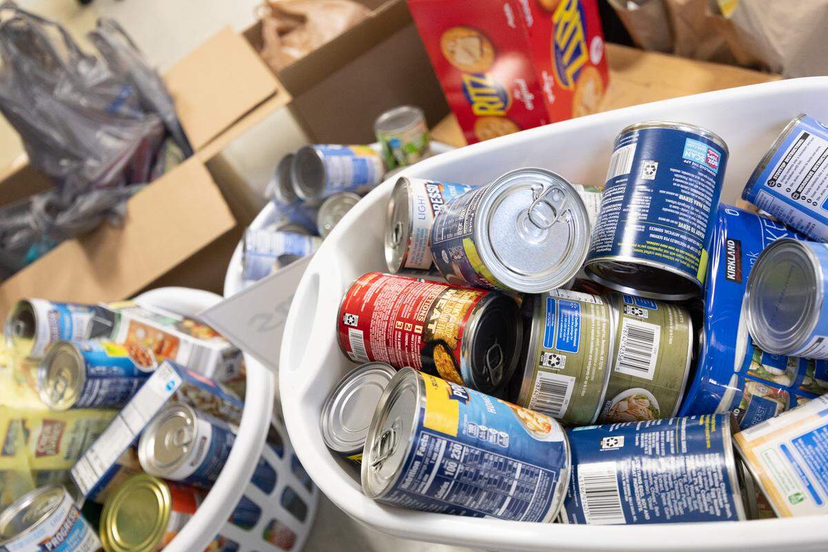 Food and distribution items collected for the St. Louis Area Food Bank at the Amvets Center in Madison, Ill.