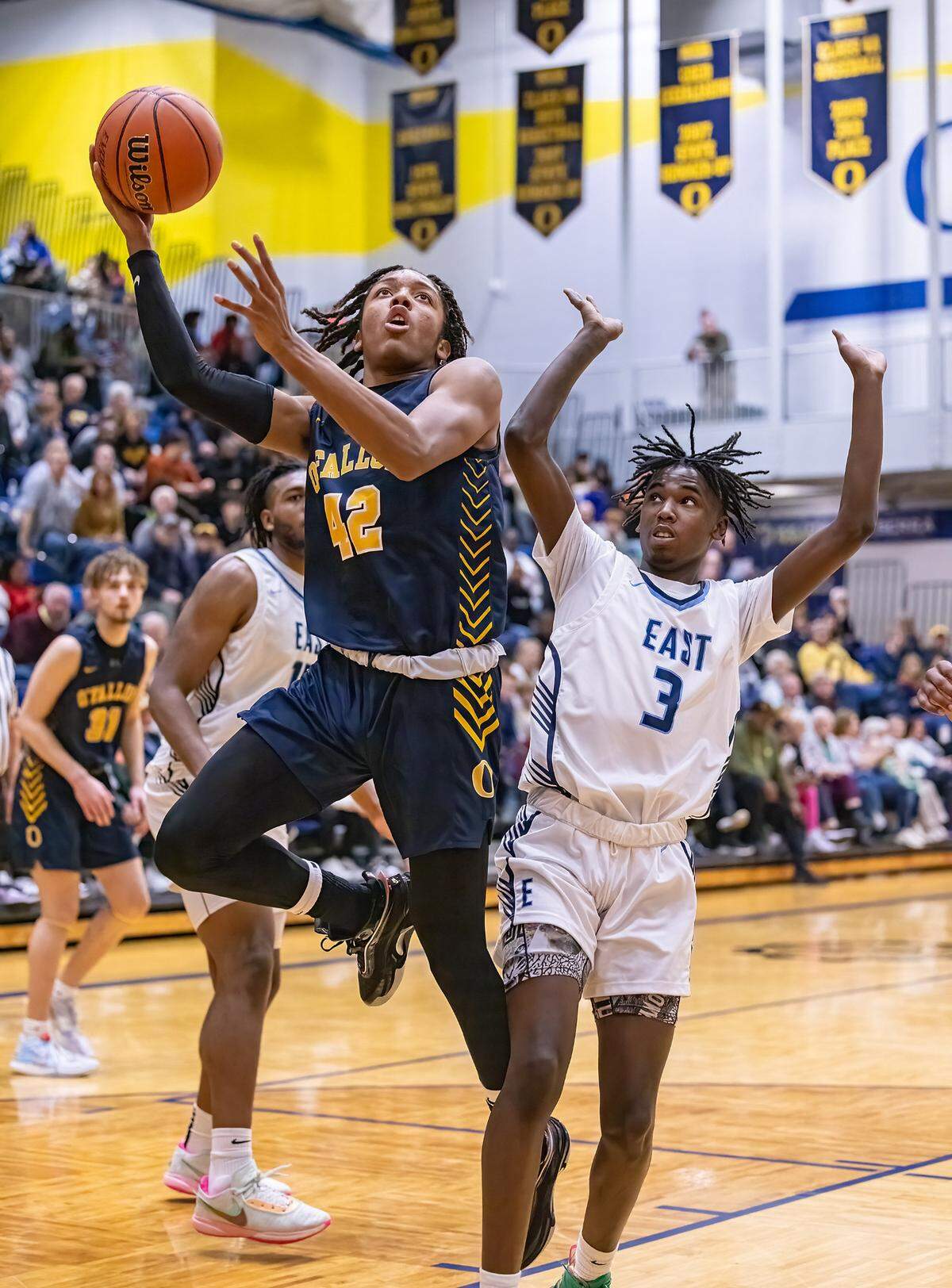 O’Fallon’s Rini Harris takes a shot during Friday night’s IHSA Class 4A regional championship game against Belleville East. The Panthers ultimately prevailed 52-50.