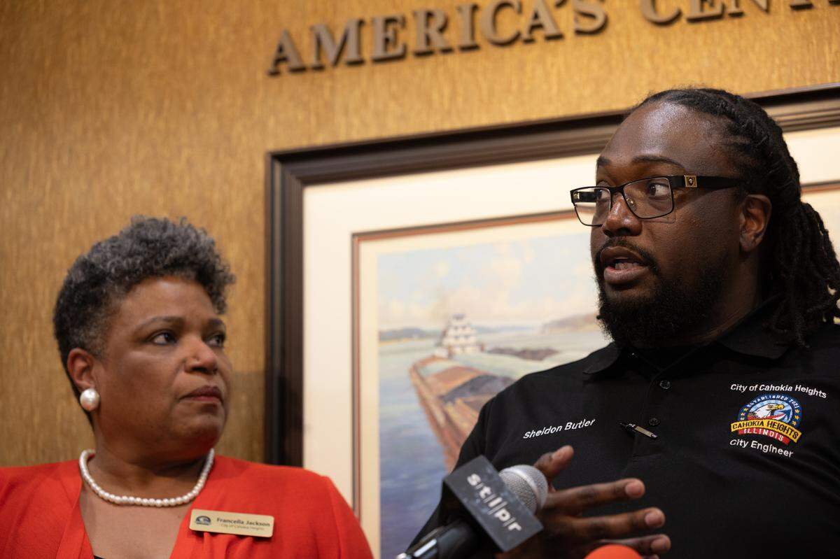 City of Cahokia Heights Engineer Sheldon Butler and Chief of Staff Francella Jackson speak in Granite City regarding recent federal spending cuts.