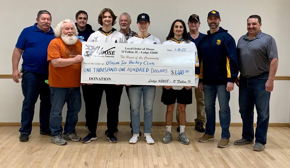 The O’Fallon Ice Hockey Club at O’Fallon Township High School received a $1,100 check from the O’Fallon Moose Lodge 2608 recently. The Moose Lodge members raise money for charitable donations through their monthly barbecues, held from 11 a.m. to 3 p.m. the second Saturday of the month at the American Legion Hall (Post 137), 109 N. Penn St., O’Fallon.