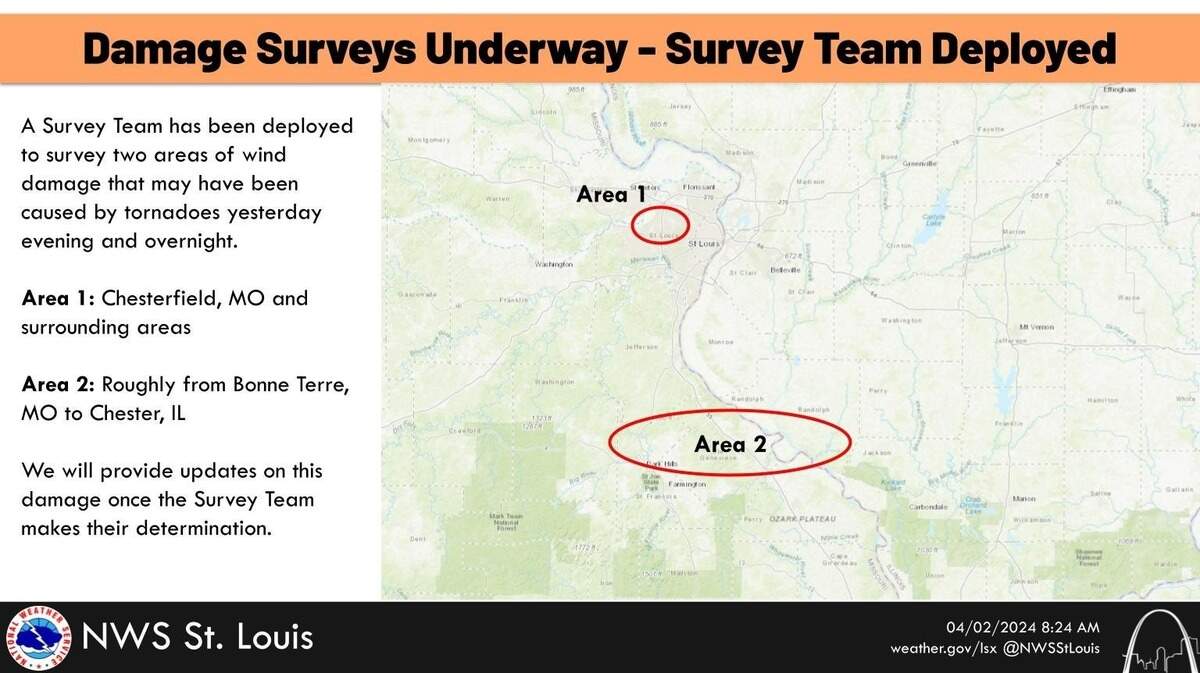 National Weather Service posts information about a team assigned to survey storm damage in southern Illinois, St. Louis County