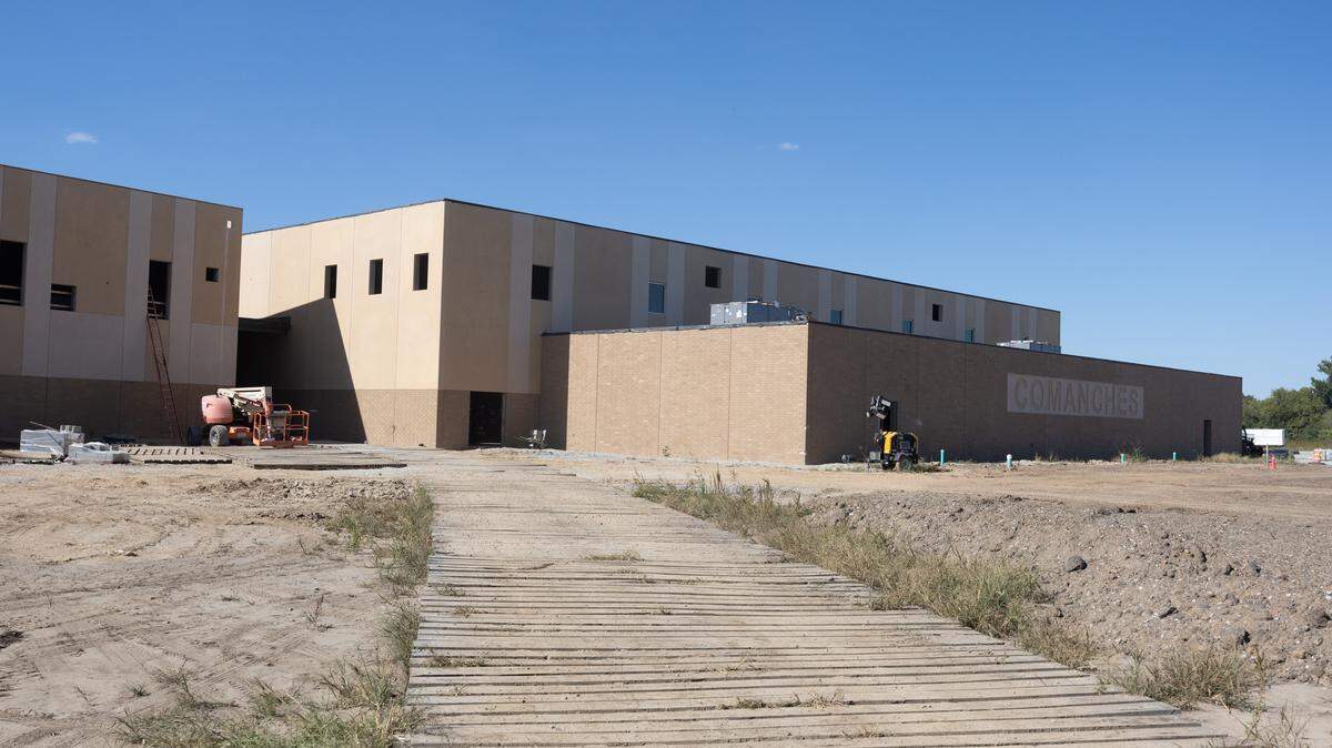 Looking from the outside at the gym of the future Cahokia Heights high school.