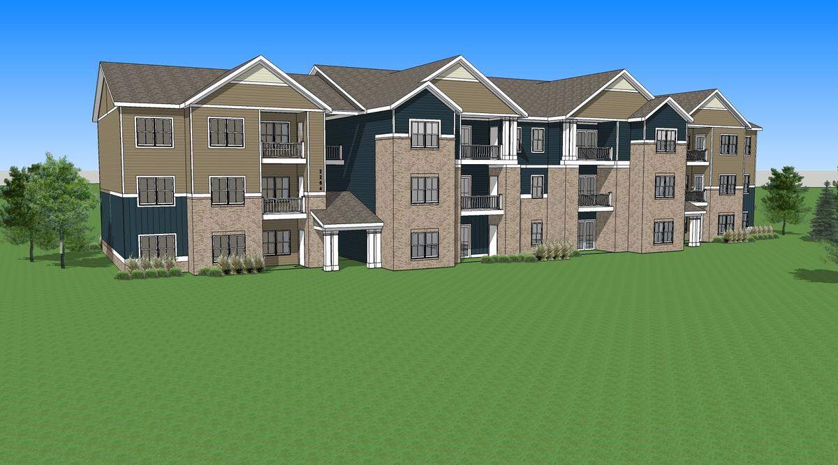 A digital rendering of one of the nine multi-family residential apartment buildings at Thirteen01 at Hartman Lakes development in Shiloh.