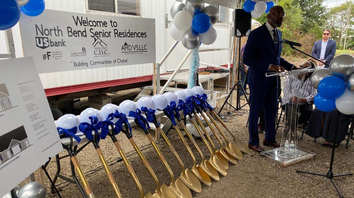 New Life in Christ Church Bishop Geoffrey V. Dudley Sr. speaks at the groundbreaking ceremony for the North Bend Senior Residences in Fairview Heights, Ill., on Sept. 24, 2024.