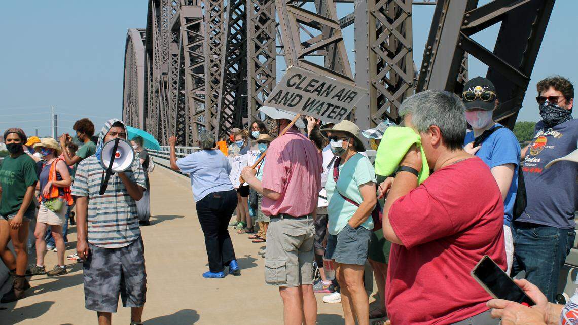 Members of the United Congregations of Metro East march on the McKinley Bridge during the Air Quality Rally for Environmental Justice in 2021.