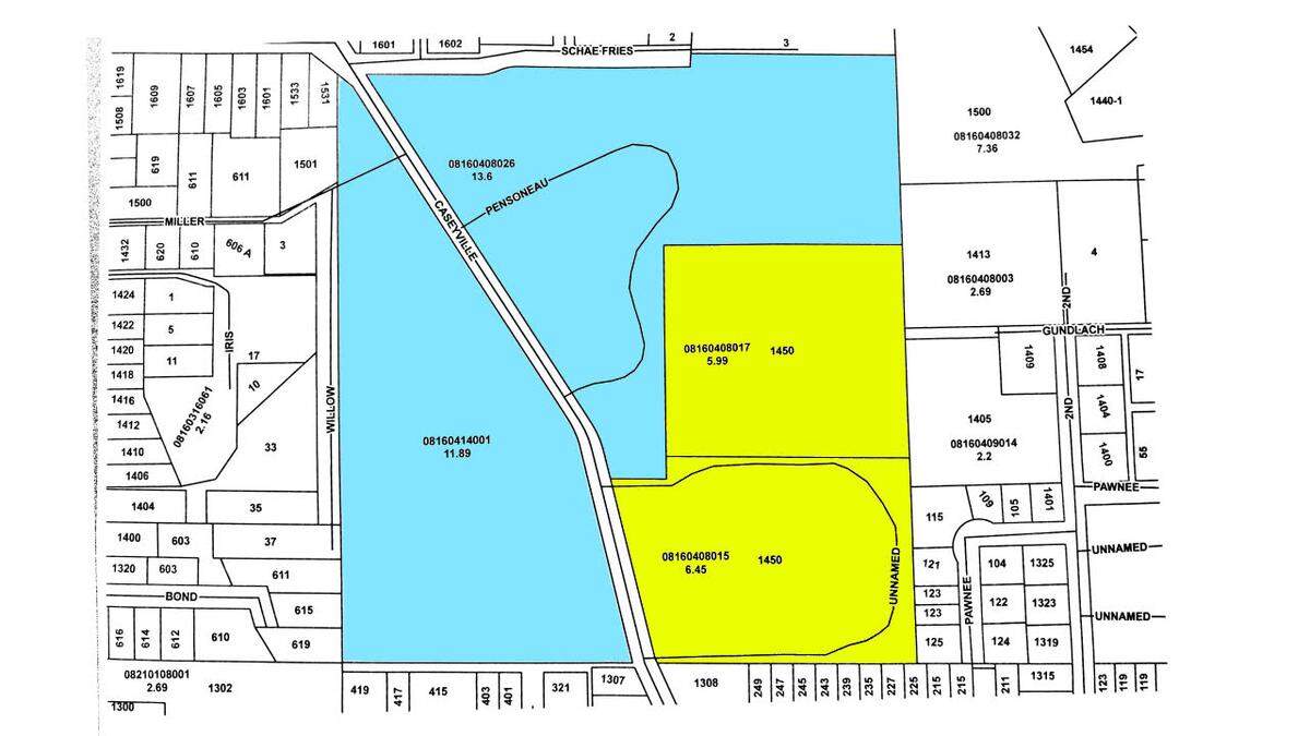 This map shows how former St. Clair County property in Swansea has been divided between Melvin Price Memorial Park (blue) and the Specialized Living Center (green).