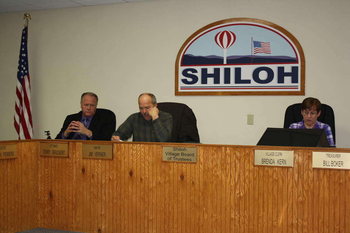 From left, Terry Bruckert, village attorney; Shiloh Mayor Jim Vernier; and, Brenda Kern, village clerk, during a recent village committee meeting at Village Hall, One Park Drive in Shiloh.
