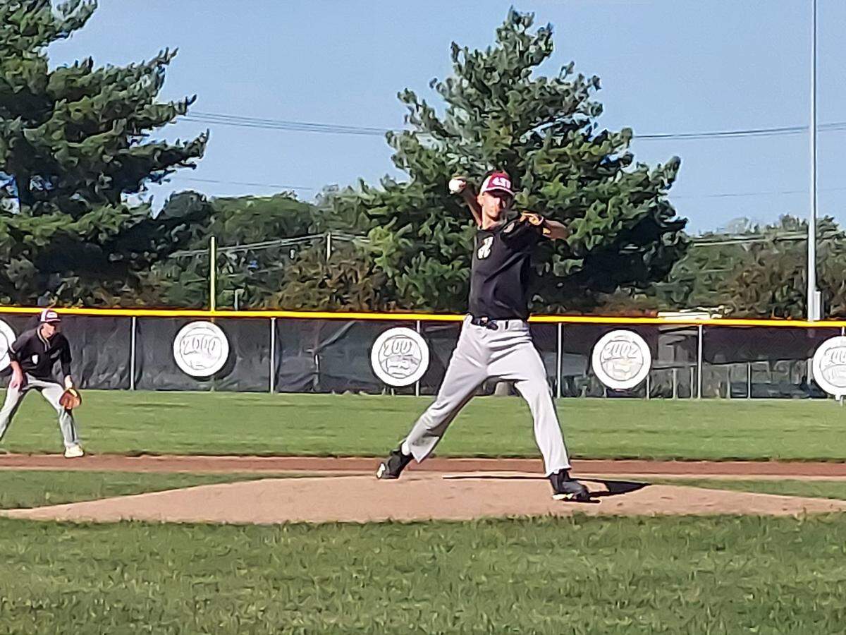 Highland Post 439 pitcher Joey Kunz rares back to fire a pitch toward home plate during the first game of the Post 778 Gator Classic Tournament against Steeleville Post 480 on Friday, June 17, at Glik Park in Highland. Post 439 ultimately prevailed 6-5.