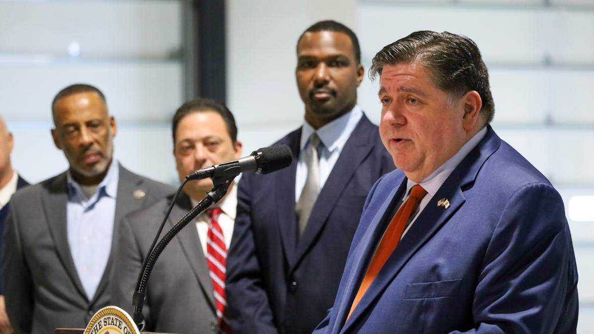 Gov. JB Pritzker speaks at a news conference with lawmakers and representatives of Pace Suburban Bus in Markham on Friday, Feb. 7, 2025.