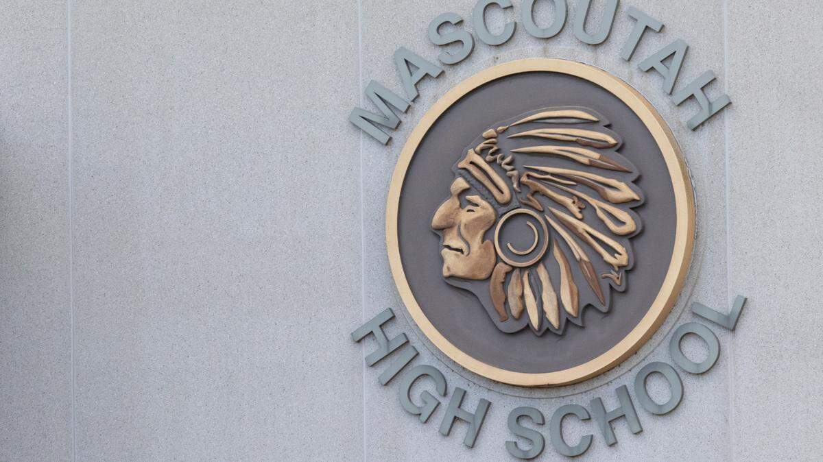 The mascot for the Mascoutah Indians on the side of the high school building.
