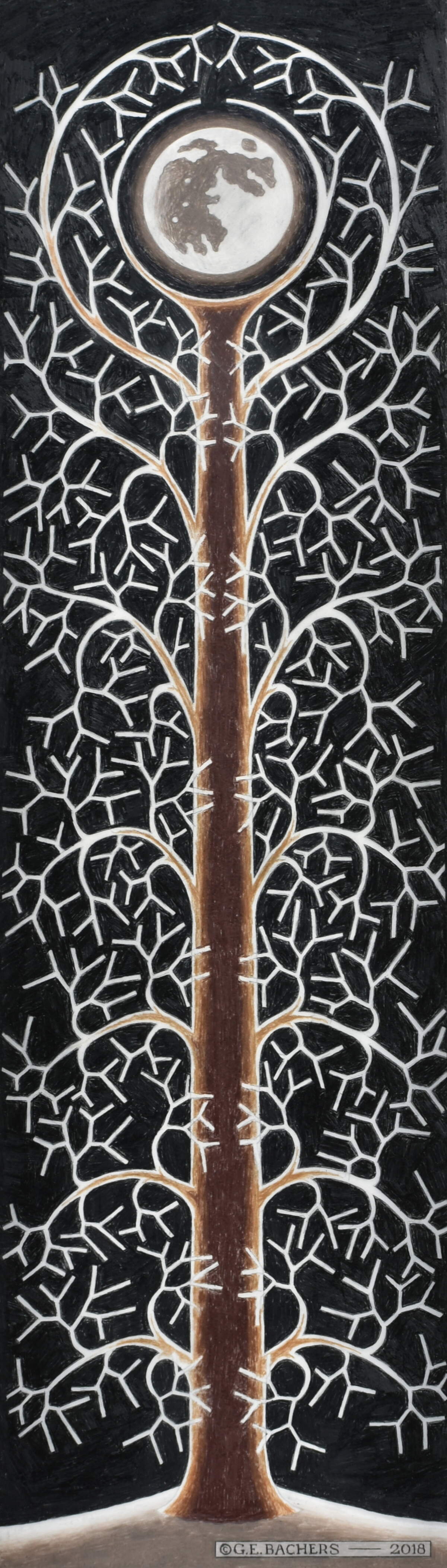 Art on the Square exhibitor Gary E. Bachers creates colored-pencil drawings that almost always incorporate full moons and often feature flowers, trees, vines and insects. This piece is called "Winter Solitude."