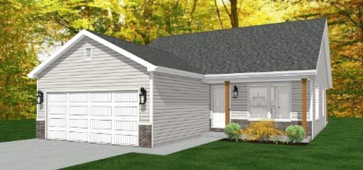 This image shows one of five home designs, a ranch with a two-car garage, that C.A. Jones Inc. is offering to build on vacant lots that it’s buying from the city of Belleville for $1 each.