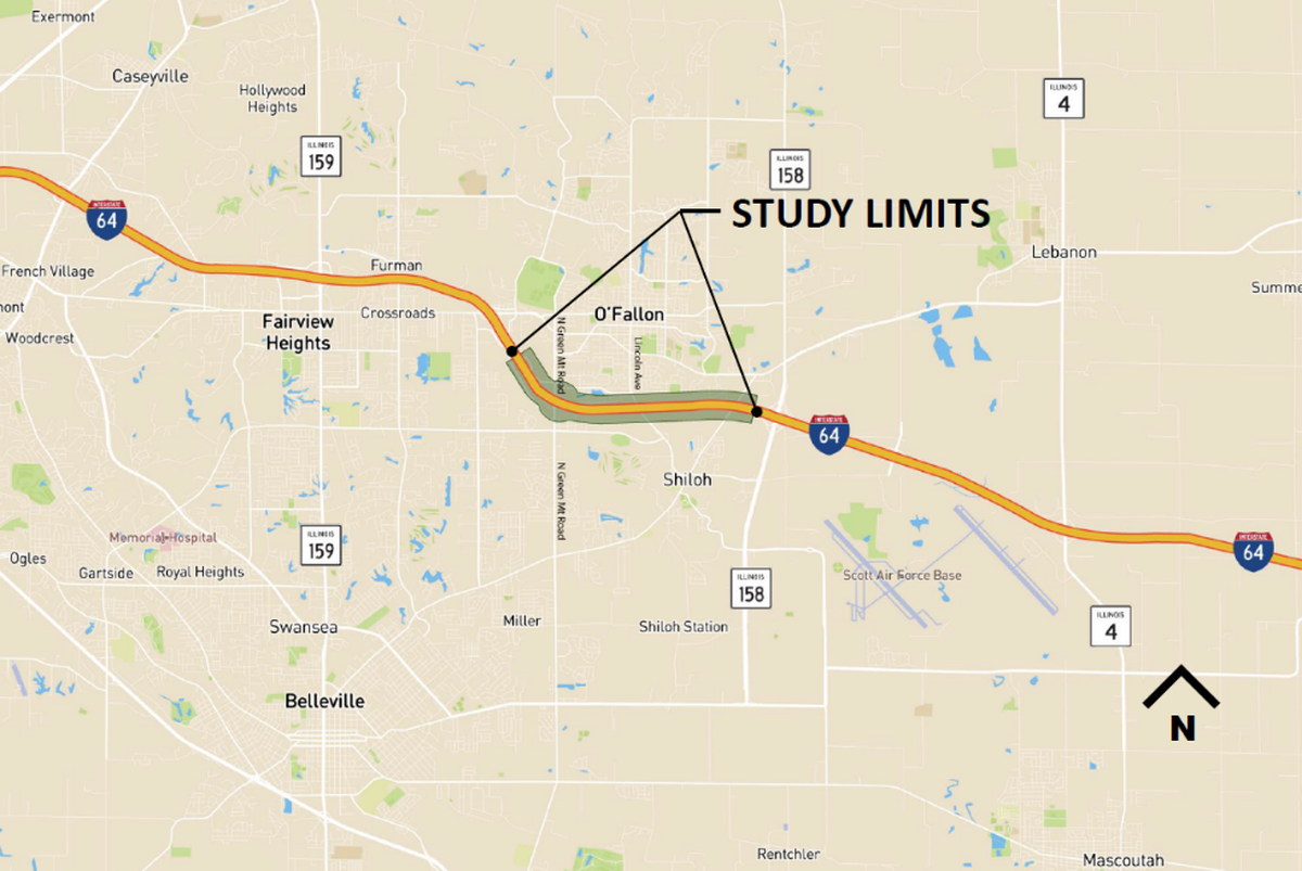 IDOT map shows the 2.7-mile stretch of Interstate-64 that will get $36 million upgrades.