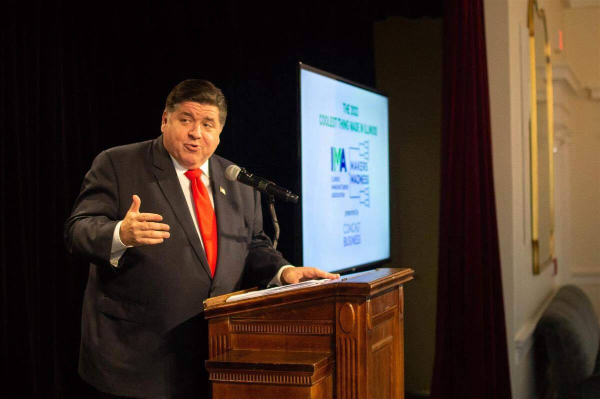 Gov. J.B. Pritzker speaks at a Makers Madness event hosted by the Illinois Manufacturers’ Association. Makers Madness is a contest aimed at naming the “Coolest Thing Made in Illinois” each year.