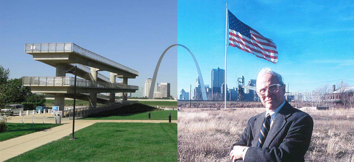 These superimposed images show East St. Louis riverfront land before and after it was developed into Malcolm W. Martin Memorial Park. Martin, right, died in 2004, five years before the park opened.