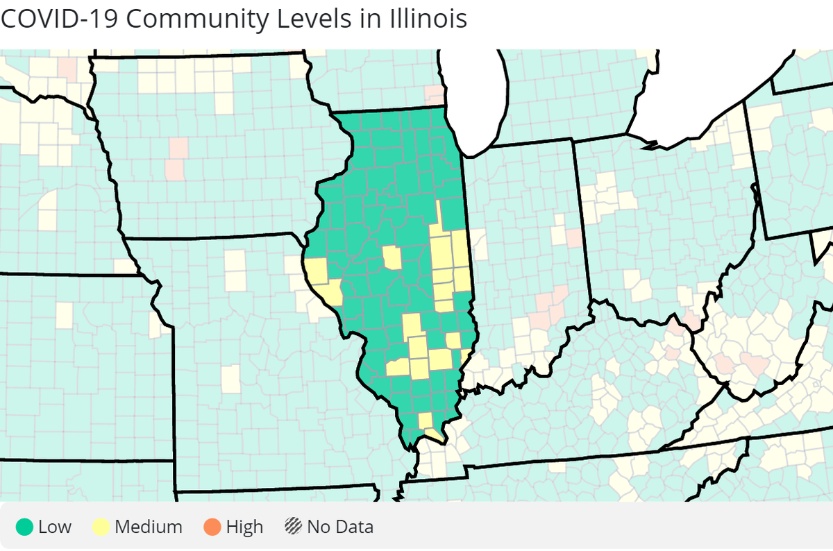 The U.S. Centers for Disease Control and Prevention reported 19 Illinois counties were at elevated COVID-19 community levels as of Feb. 16, 2023.