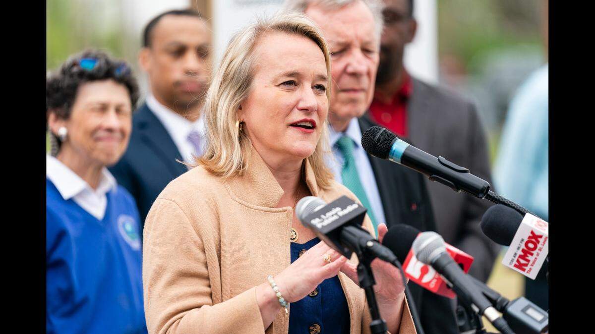 U.S. Rep. Nikki Budzinski, D-Springfield, speaks at a news conference in Cahokia Heights last year.