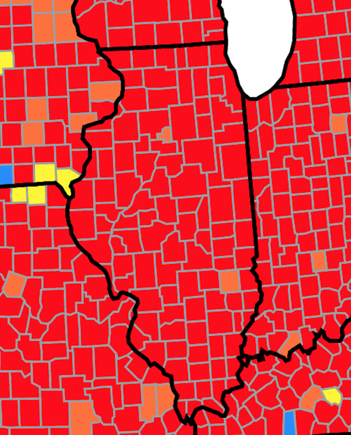 This map of Illinois from the U.S. Centers for Disease Control and Prevention shows COVID-19 community transmission levels as of June 17, 2022. Counties scored red are at a high level, while those scored orange are at a substantial level of spread.