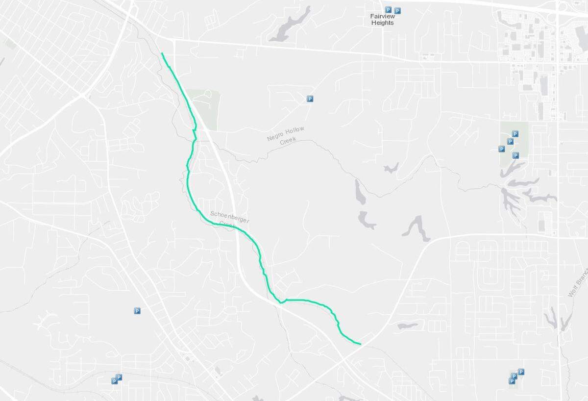 This map shows the planned extension to the MetroBikeLink trail between the Memorial and Fairview Heights MetroLink stations.
