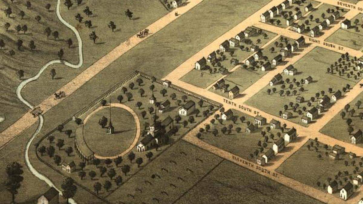 A top-down drawing of the St. Clair County Fairgrounds in Belleville in 1867. The modern day Belle-Clair Fairgrounds is located in the same position.