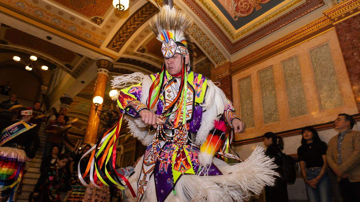 Ronnie Preston dances in the Illinois Capitol in February 2024 as part of the Native American Summit organized by the Chicago American Indian Community Collaborative.