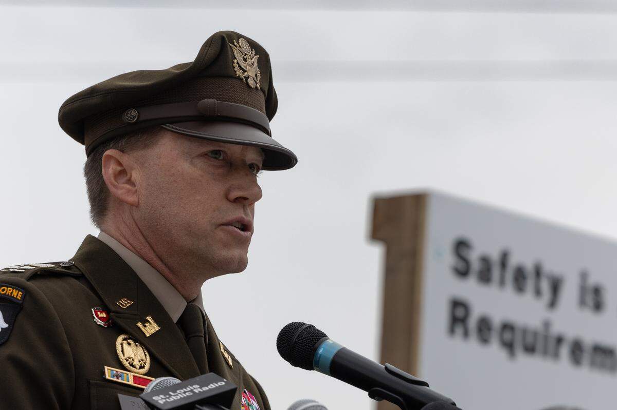 Colonel Andy Pannier of the U.S. Army Corps of Engineers addresses the crowd during a groundbreaking ceremony in Cahokia Heights, Ill. for a new sewer line project on April 1, 2024.