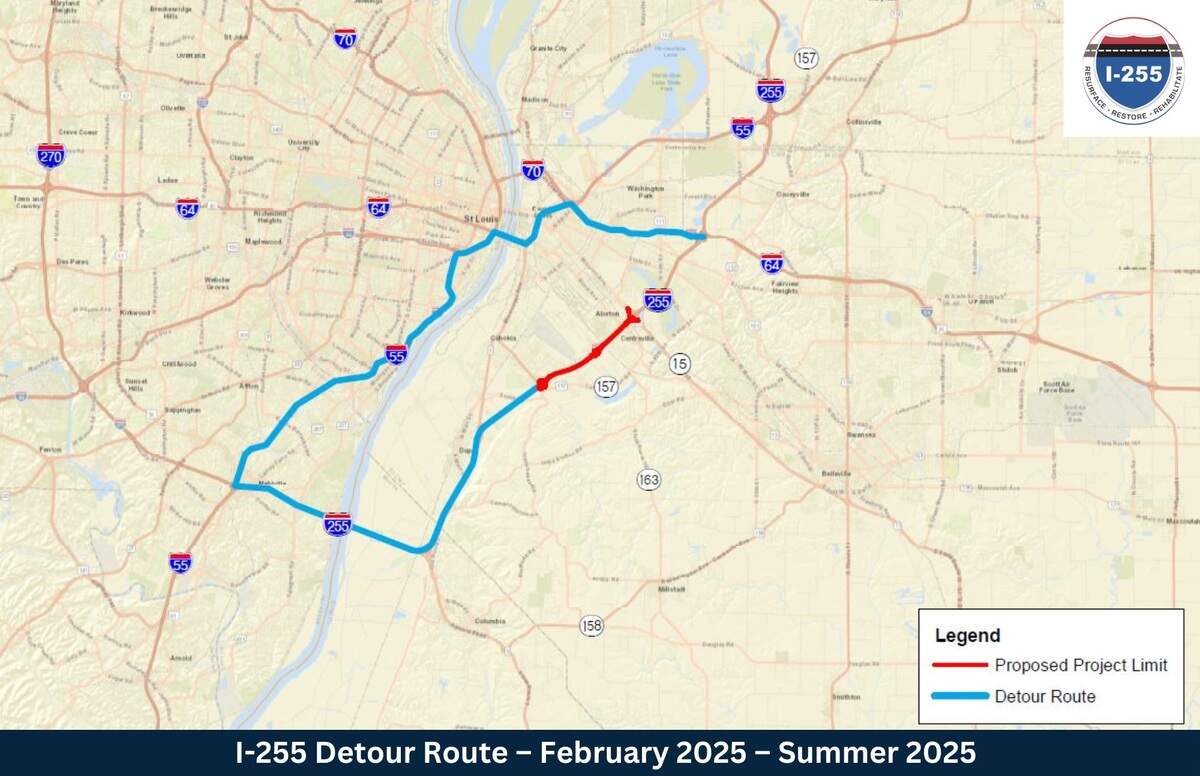 Map showing a detour route for the closure of Interstate 255 in St. Clair County.