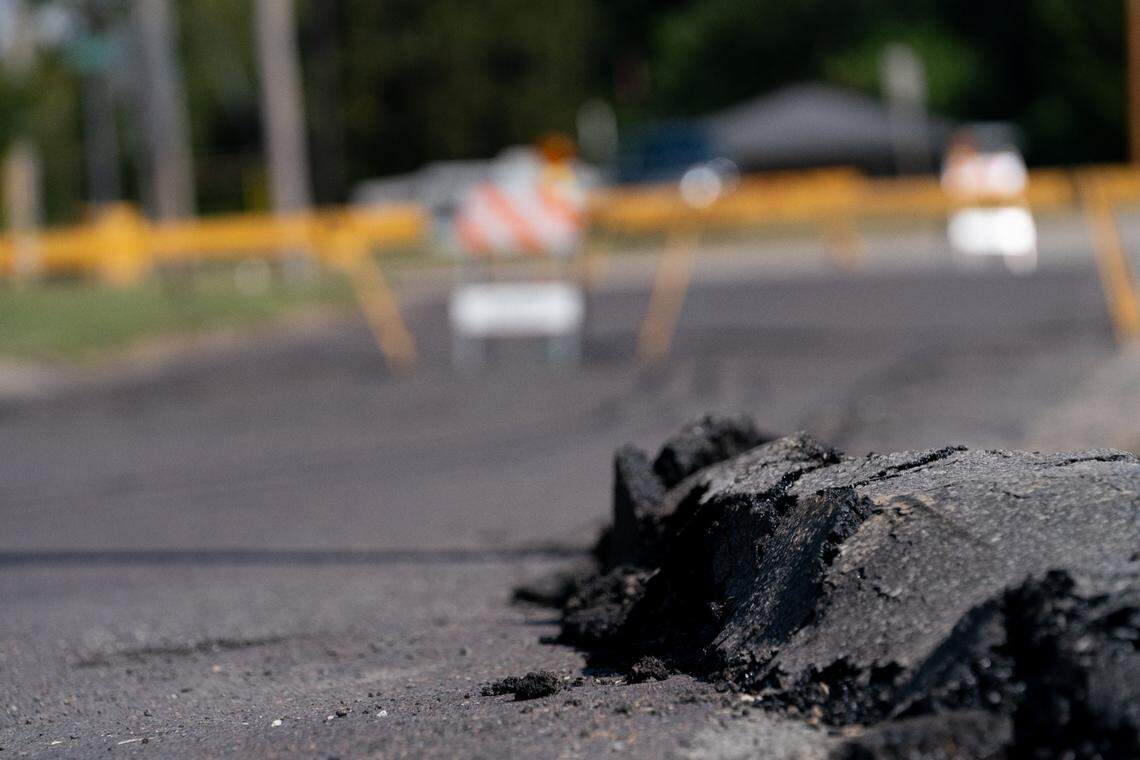 This September 2023 BND photo gives a close-up look at the land subsidence outside of Ruler Foods in Belleville, which caused the land surrounding the building to sink into the ground.