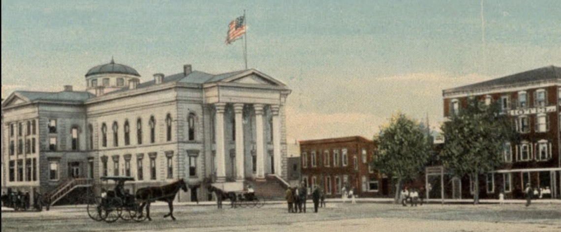 A postcard from 1895 shows the St. Clair County Courthouse in downtown Belleville. The courthouse was dedicated in 1861 and was demolished in 1972.
