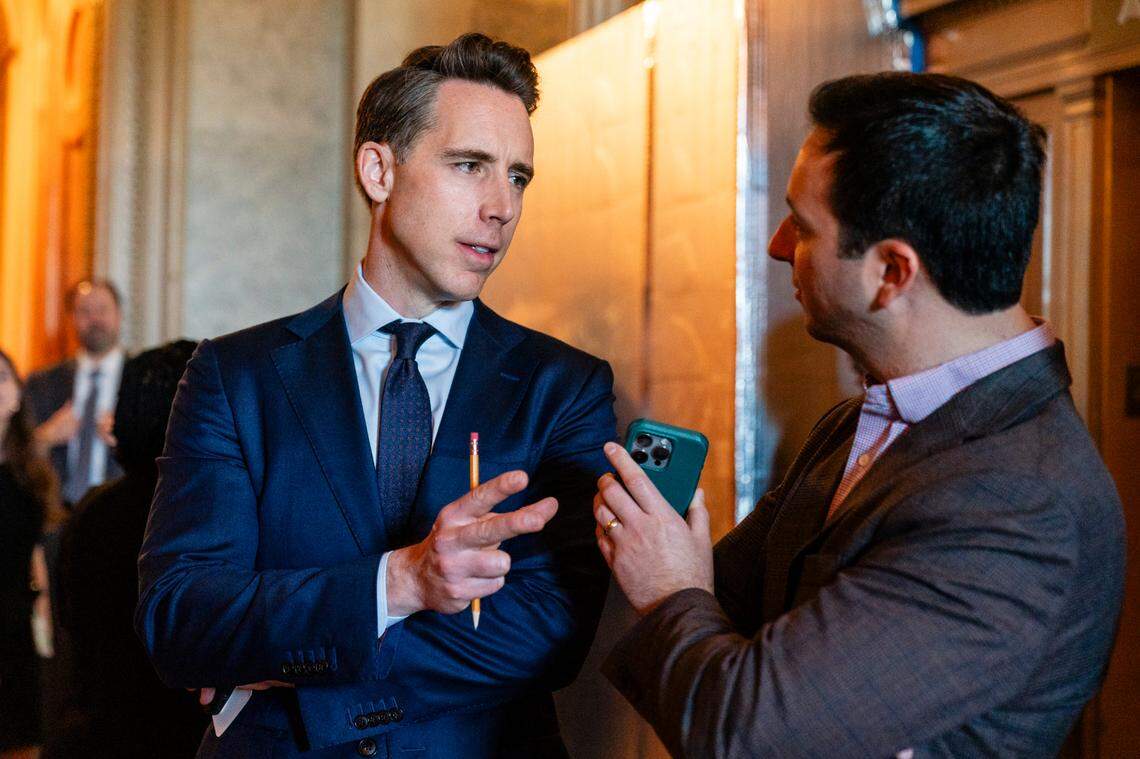 U.S. Sen. Josh Hawley, R-Missouri, speaks to reporters outside the Senate chambers on Tuesday, April 16, 2024, at the U.S. Capitol in Washington, D.C. Federal legislators, led by Hawley, have been pushing to expand the Radiation Exposure Compensation Act to include other “downwinders.”