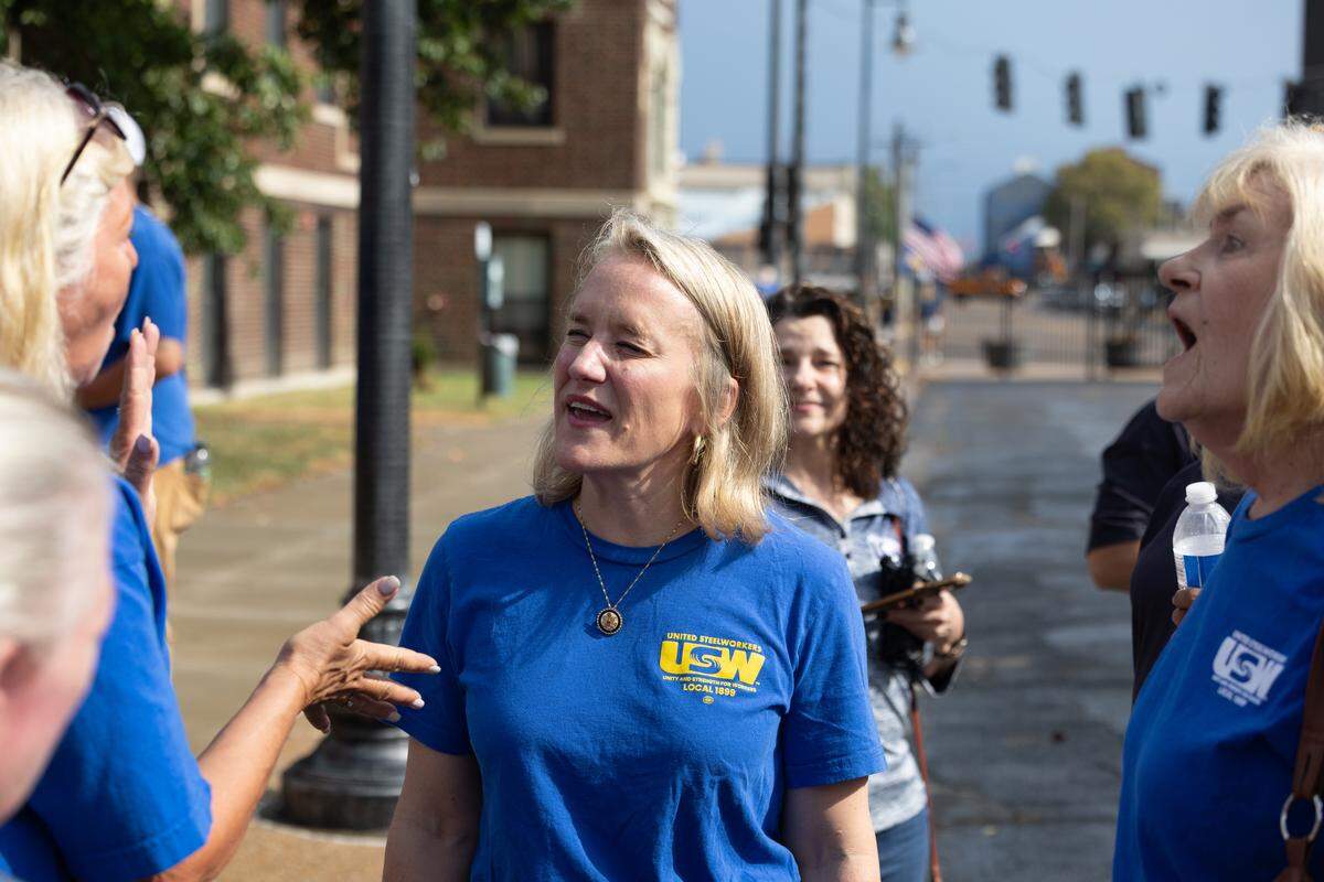 U.S. Rep. Nikki Budzinski speaks to supporters and steelworkers after a rally for steelworkers in Granite City on Saturday.