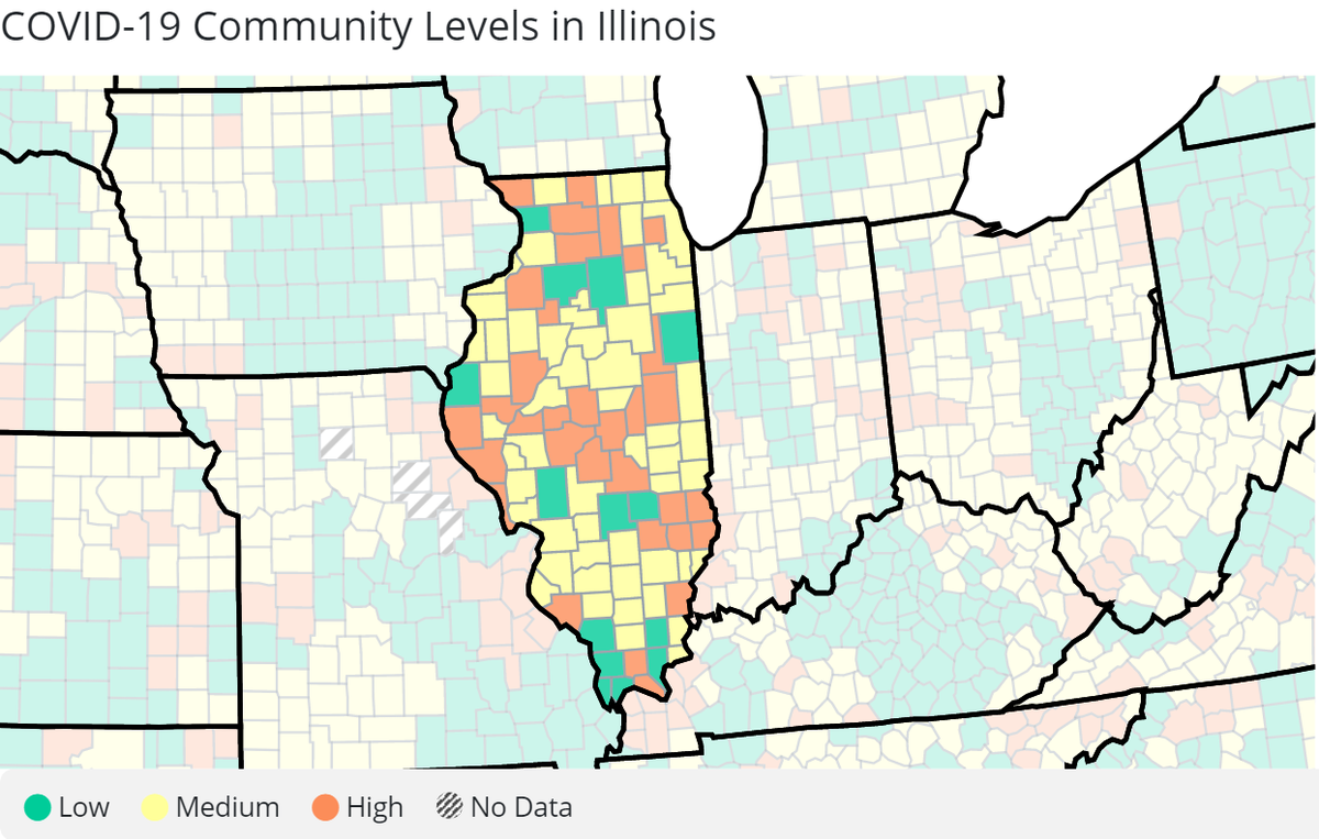 Here are the latest COVID-19 community levels in Illinois, from the U.S. Centers for Disease Control and Prevention.