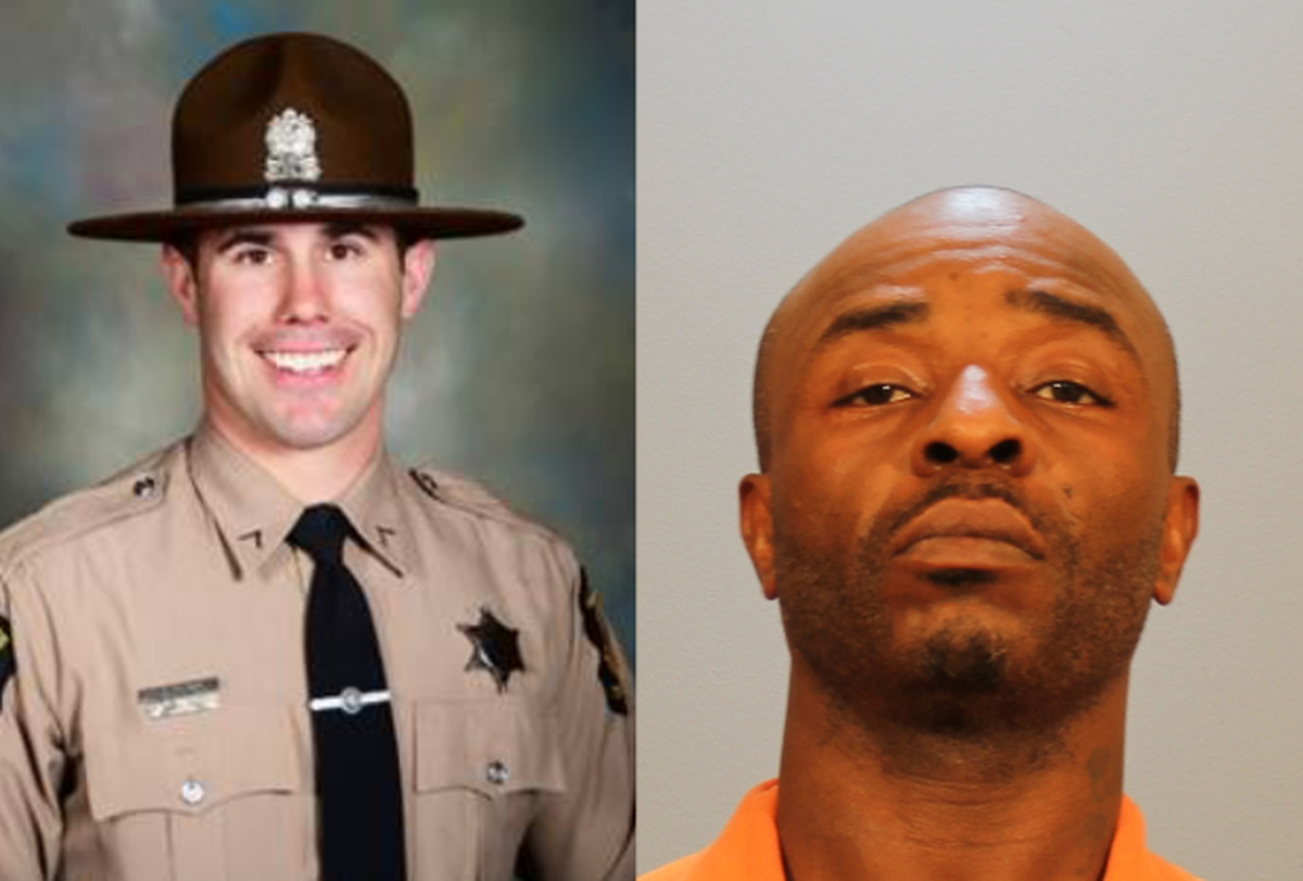 Illinois State Police Trooper Nicholas Hopkins, left, was fatally shot in 2019 while executing a search warrant in East St. Louis. Christopher Grant, right, was charged in connection with the killing.
