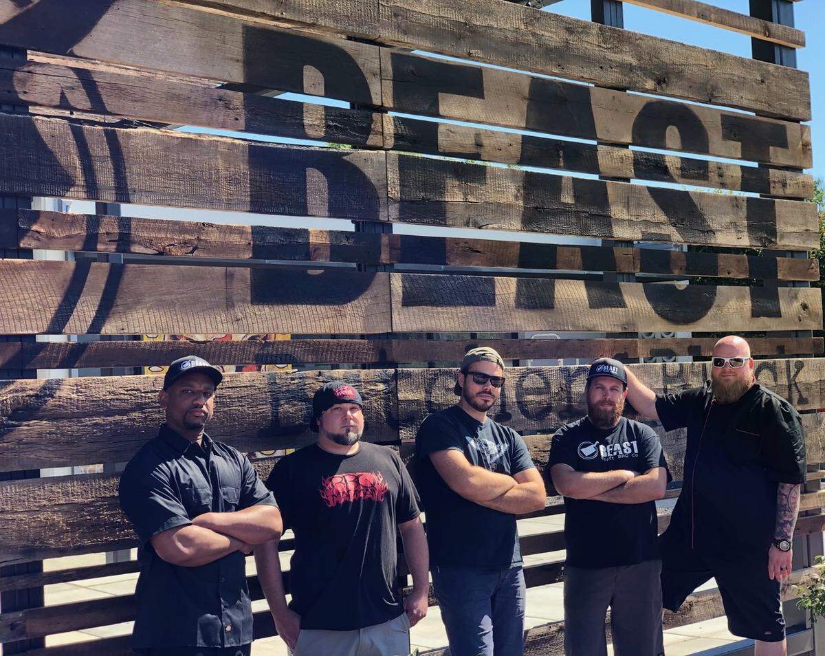 The staff at BEAST Butcher & Block in St. Louis last summer included sous chef Kelvin Johnson, butcher C.J. Baerman, executive chef Ryan McDonald, pit boss Jim Thomas and pitmaster and owner David Sandusky.
