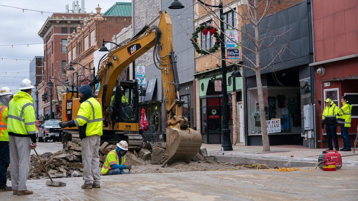 Excavation and road restoration work continues on East Main Street in Belleville after a water main ruptured. Water service has been restored.