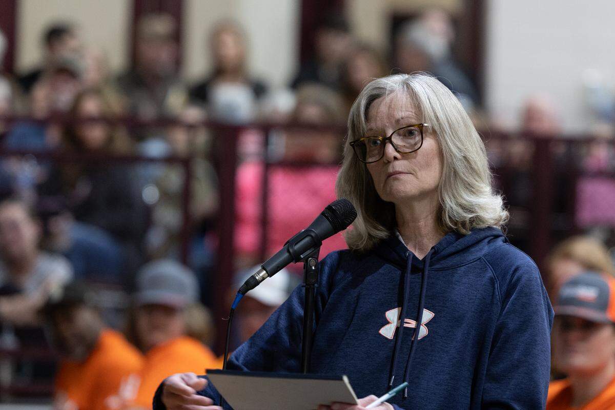 Troy resident Carla Gassel asks questions during a meeting with developers and city representatives about the possibility of building a data center in the city. Gassel lives in Fawn Meadows, a neighborhood adjacent to the possible data center location.