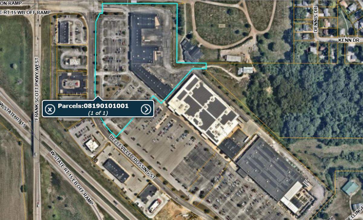 The turquoise line on this St. Clair County parcel map shows the larger of two sections of the main strip mall at Belleville Crossing shopping center. It was recently sold to Timber Belleville Properties.