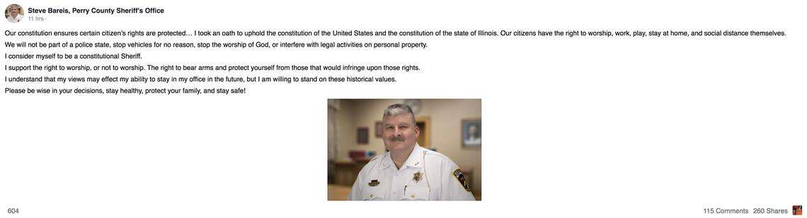 Perry County Sheriff Steve Bareis shares a message April 14 during the coronavirus pandemic on Facebook that reads in part, “We will not be part of a police state, stop vehicles for no reason, stop the worship of God, or interfere with legal activities on personal property.”