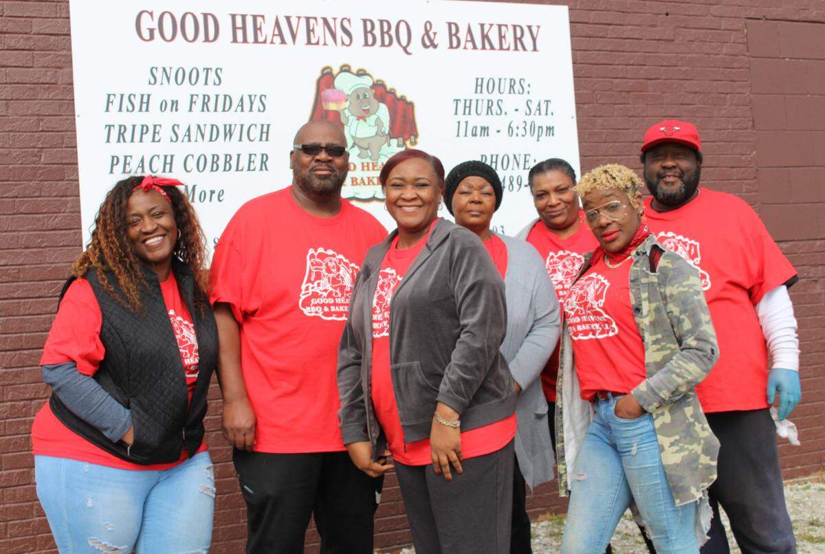 Employees and volunteers at Good Heavens BBQ & Bakery in East St. Louis include, left to right, Aretha Thomas, owners Randy and Kattie Goodwin, Lorene Crockett, Letyran “Nicole” Burns, Sharlonda Williams and Charles Williams.