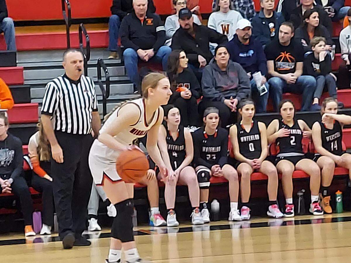 Highland guard Lauren Maas looks to work the ball on the dribble against Waterloo in the IHSA Class 3A regional championship game Feb. 17 at Highland High School. The Lady Bulldogs saw their season end Monday with a loss to Lincoln at the Taylorville Super-Sectional.