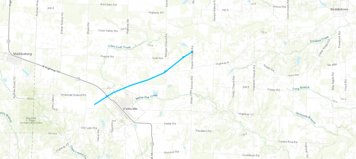 This map shows the path of a tornado that hit near Wellsville, Missouri.
